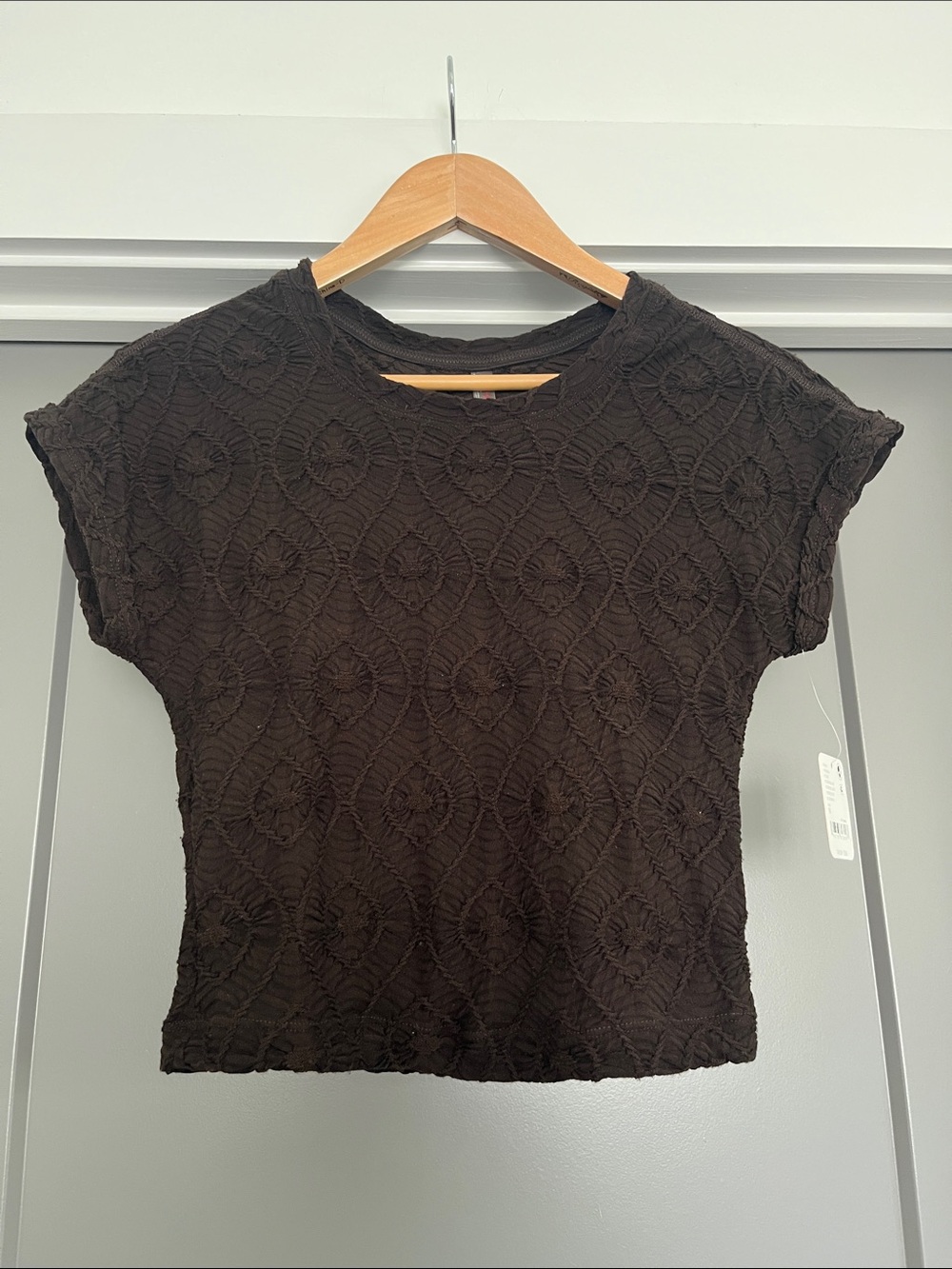NWT FP Movement Textured Short Sleeve Devoted Crochet Top in Dark Brown - rare !